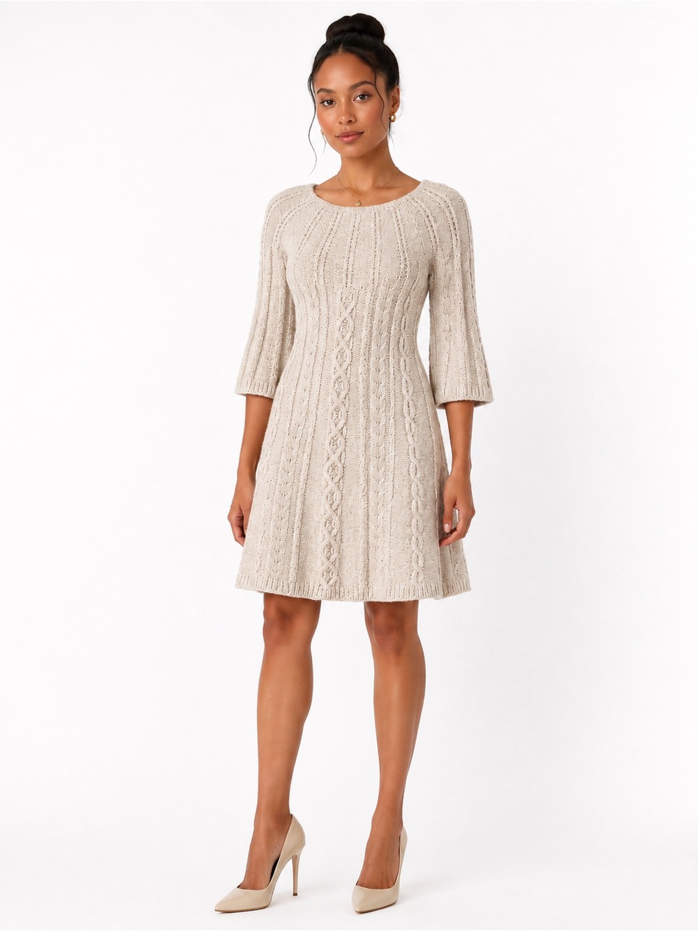 Kenji Alpaca Wool Blend Sweater Dress Cable Knit Oatmeal Size L